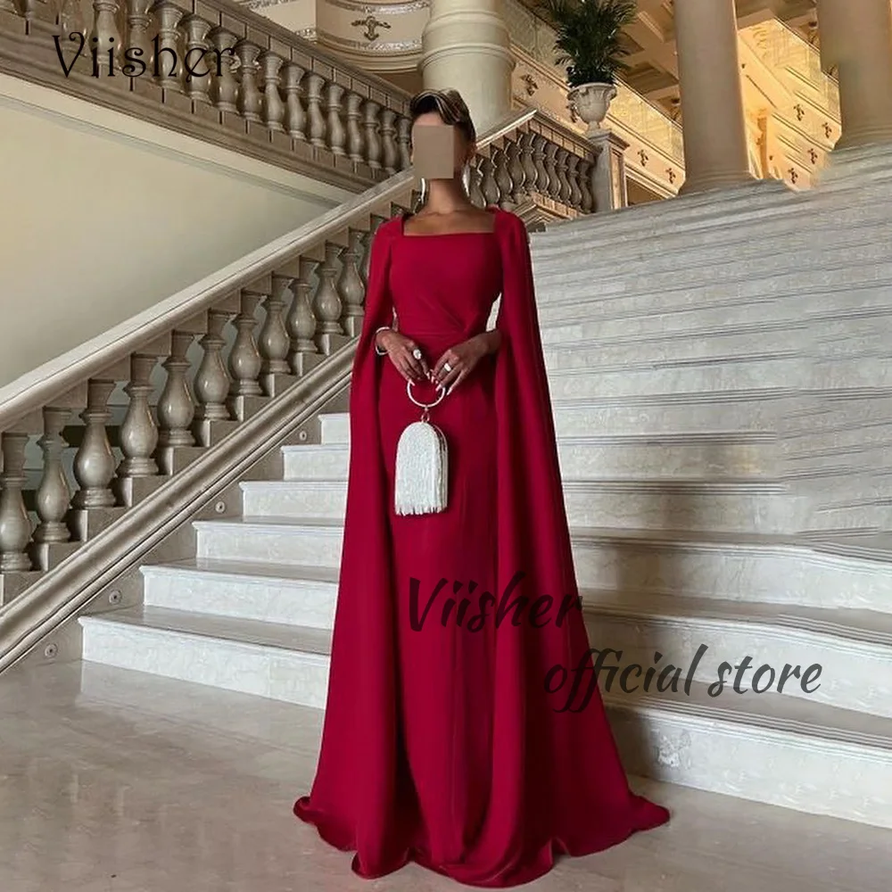 

Viisher Burgundy Satin A Line Evening Dresses with Cape Long Saudi Arabia Formal Prom Dress Dubai Evening Party Gowns