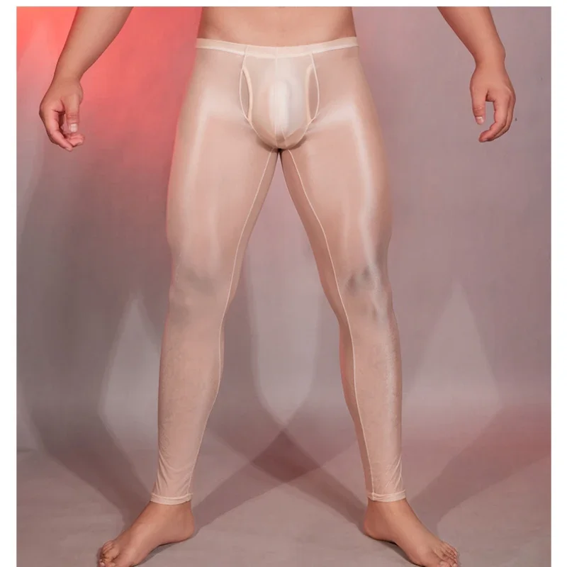 

Men Sexy Leggings Oil Shiny Glossy Stockings Elastic Transparent Slim Pants U Convex Pouch Seamless Night Club Wear