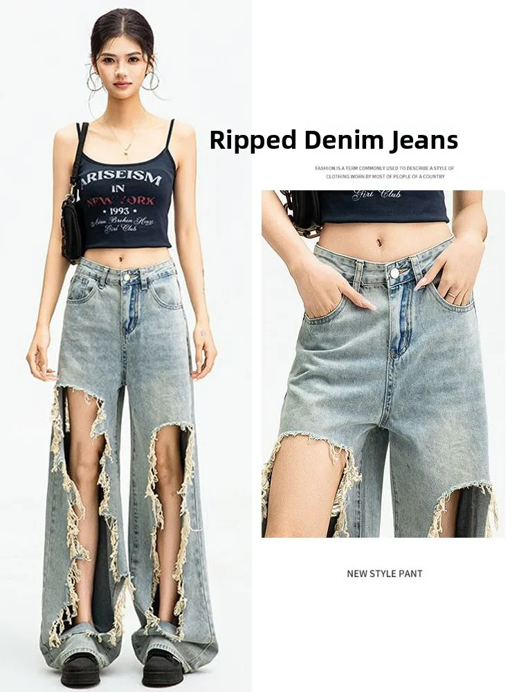 

High Waist Wide Leg Denim Jeans Women's American High Street Washed Ripped Loose Slimming Long Pants Summer New Style