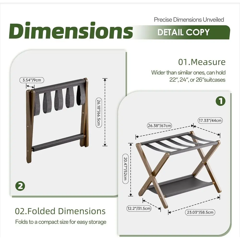 Set di 2 porta valigie pieghevoli in bambù con ripiano portaoggetti, supporto premium per casa, hotel, può contenere fino a 135 libbre