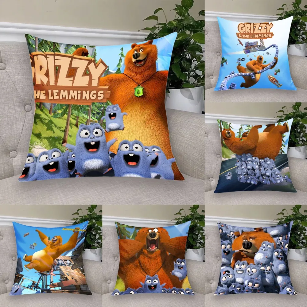 

Cartoon Grizzy and the Lemmings Short Plush Cushion Cover Pillow Case Double-sided Printing Zipper Closure Sofa Party Home Decor
