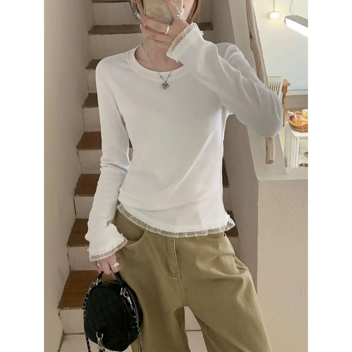 Lace Splice round Neck Long Sleeve T-Shirt Women's Autumn Winter plus Size Slim Fit Base Shirt Inner Wear Korean Style Commute