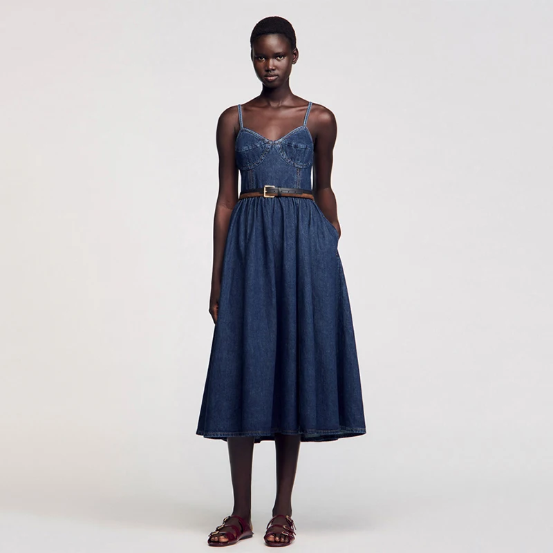 

Sweet Ins Sle Женская джинсовая юбка Ter Dr S Home Новая летняя длинная юбка трапециевидной формы с высокой талией V-Ne Svel без бренда в китайском стиле...