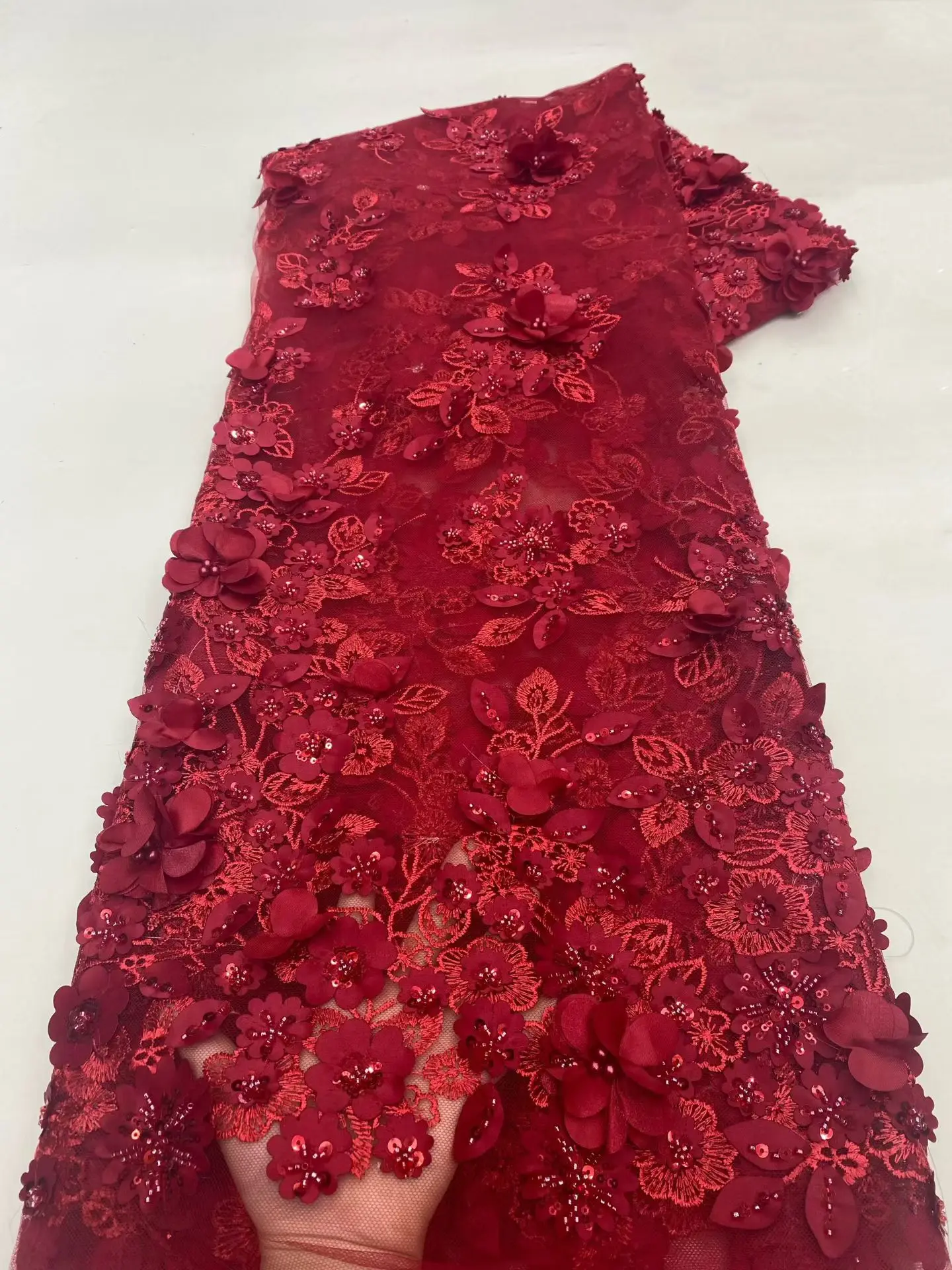 African 3D Flower Lace Fabric 2026 High Quality French Mesh Beaded Lace Fabric Nigerian Sequins Lace Fabrics For Wedding Dress view 3