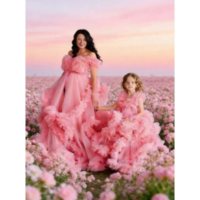 

Maternity Robe & Toddler Dress – Matching Mommy and Me Photo Outfit , Puffy Ruffled TULLE Gown for Photoshoot, Baby Shower