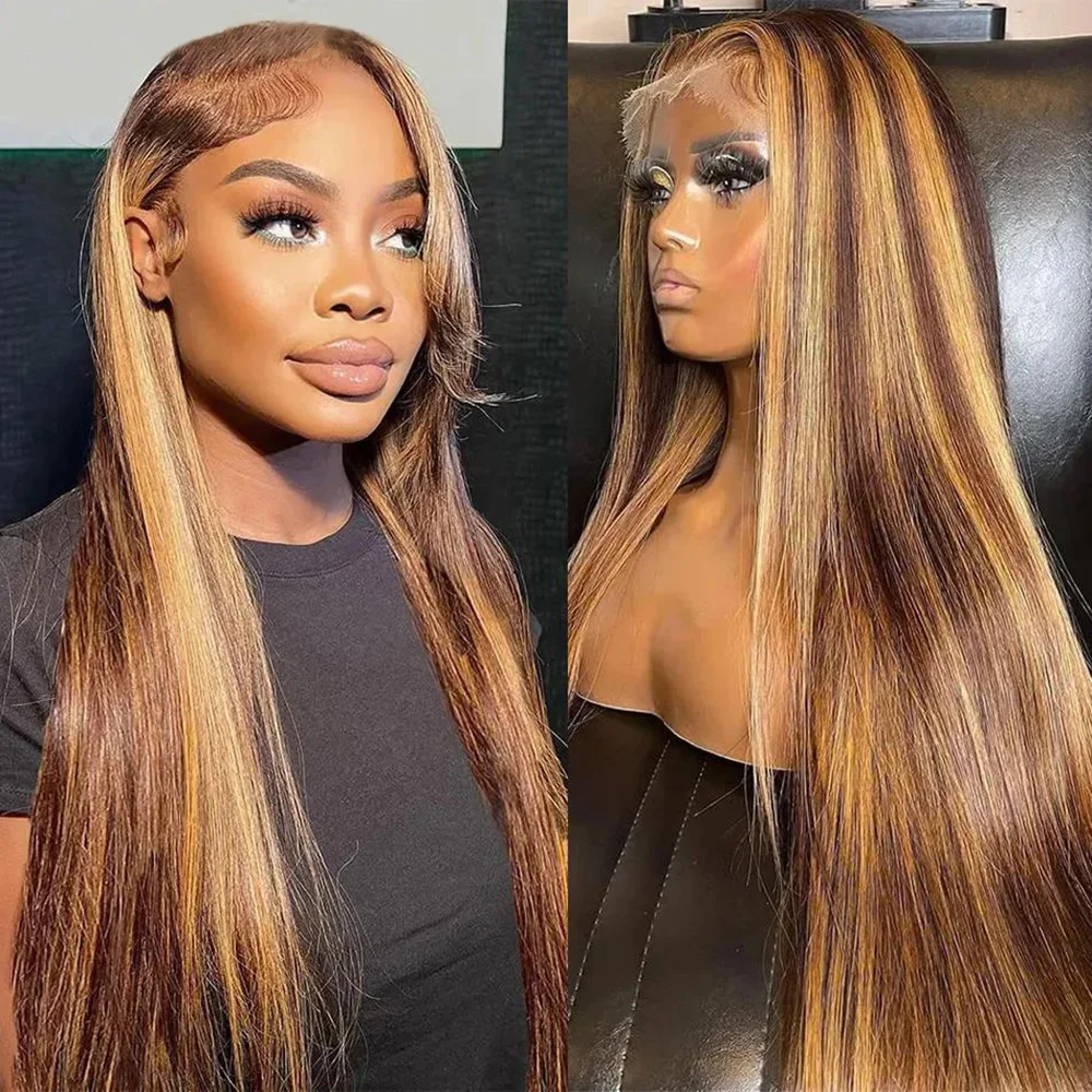 Perruque en cheveux humains vierges brésiliens P4/27 Piano Highlight Bone Straight, 46 pouces, Lace Front HD transparente 13x6, raie profonde de 6 pouces, pré-épilée, baby hair, sans colle, prête à porter, densité 200, pour femmes noires