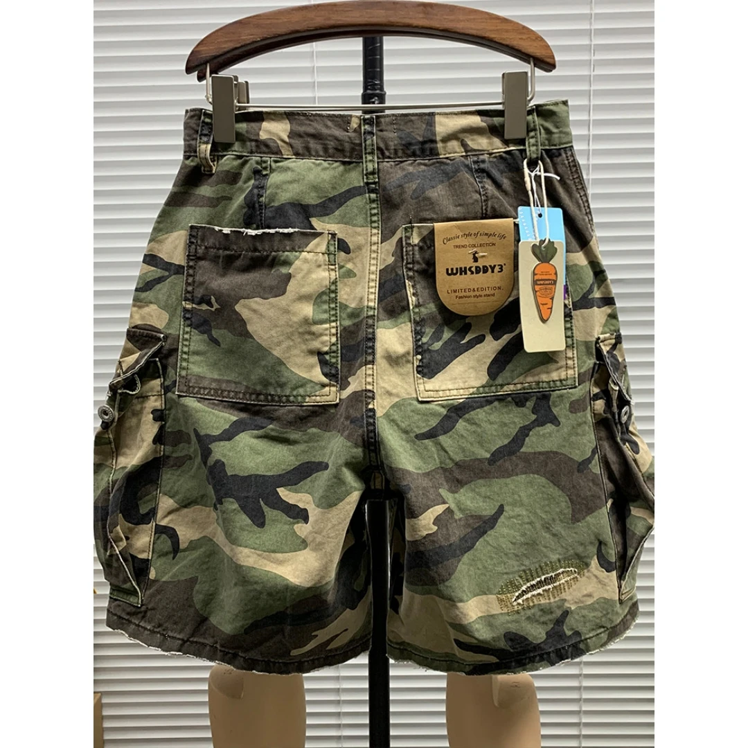 Camo Tactical Shorts Mens Multi Pockets Washed Distressed Cargo Shorts Outdoor Hiking Casual Trendy Streetwear Summer Mid Length