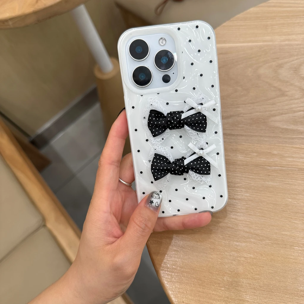 

Korean Style Black White Circular Dots Stereoscopic Lace Bowknot Shock Proof Phone Cover Case for iPhone 16 15 14 13 Pro Max
