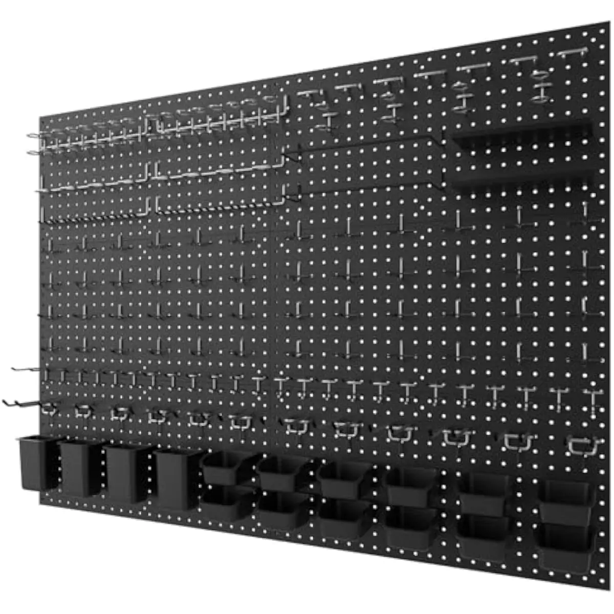 Heavy-duty black metal pegboard system with 6 modular 12x24 inch panels, 264 ultra-thick 1/4 inch accessories across 18 unique s