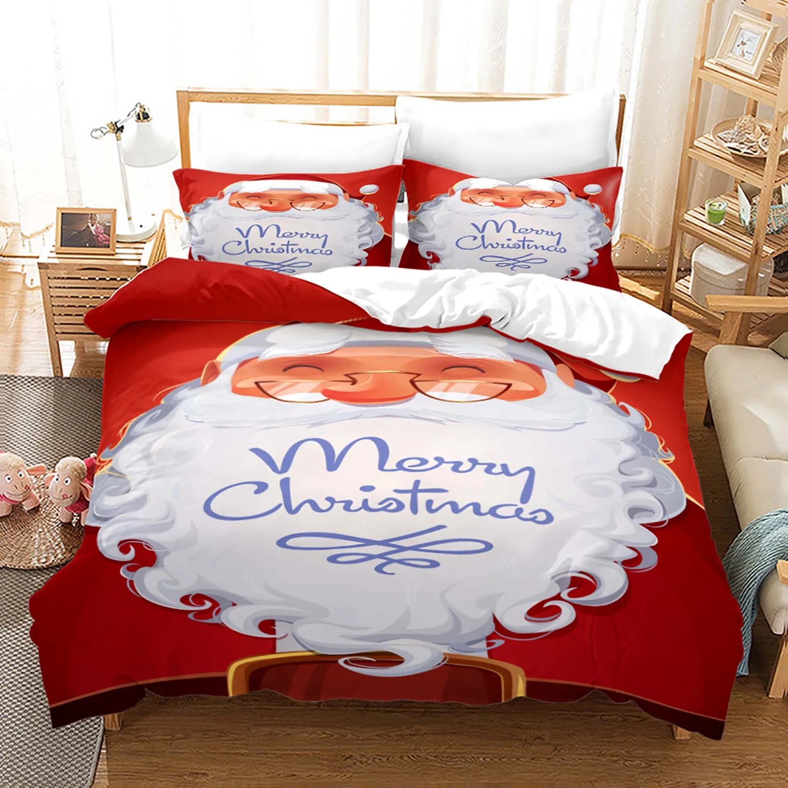 Red Christmas Duvet Cover Santa Claus White Beard Snowman Microfiber Cartoon Children Teens Happy New Year Bedroom Decorations