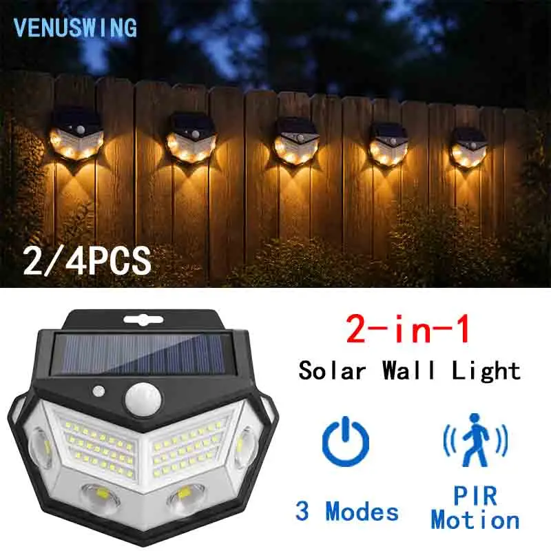 2/4 pezzi, lampada da parete solare con sensore di movimento PIR, lampada di sicurezza per esterni, grado di protezione IP65, impermeabile, batteria da 1200 mAh, a basso consumo energetico,