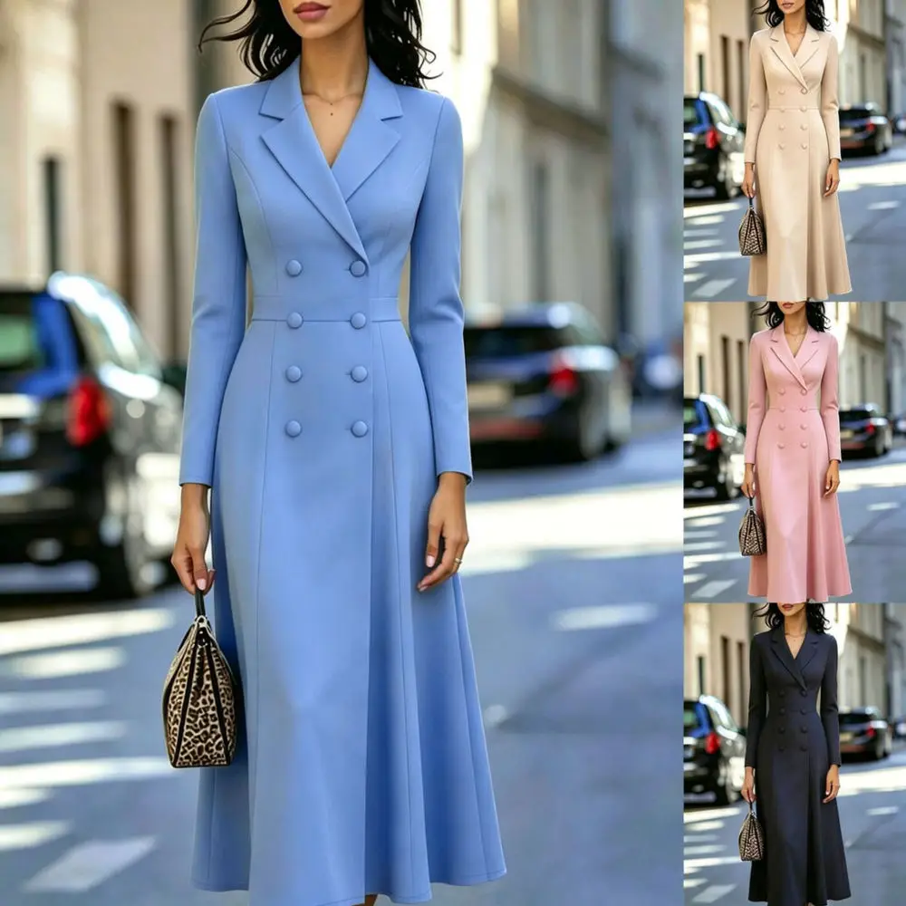 Fashionable Double Breasted Blazer Dress Women Long Sleeve Slim Fit High Waist Elegant Office Casual Party Long Gown