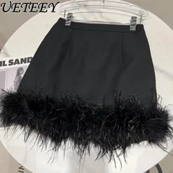 2023 Autumn New Ostrich Feather Solid Color Short Skirt Women Fashion All-Match High Waist Black Mini Skirt Femme Short Faldas