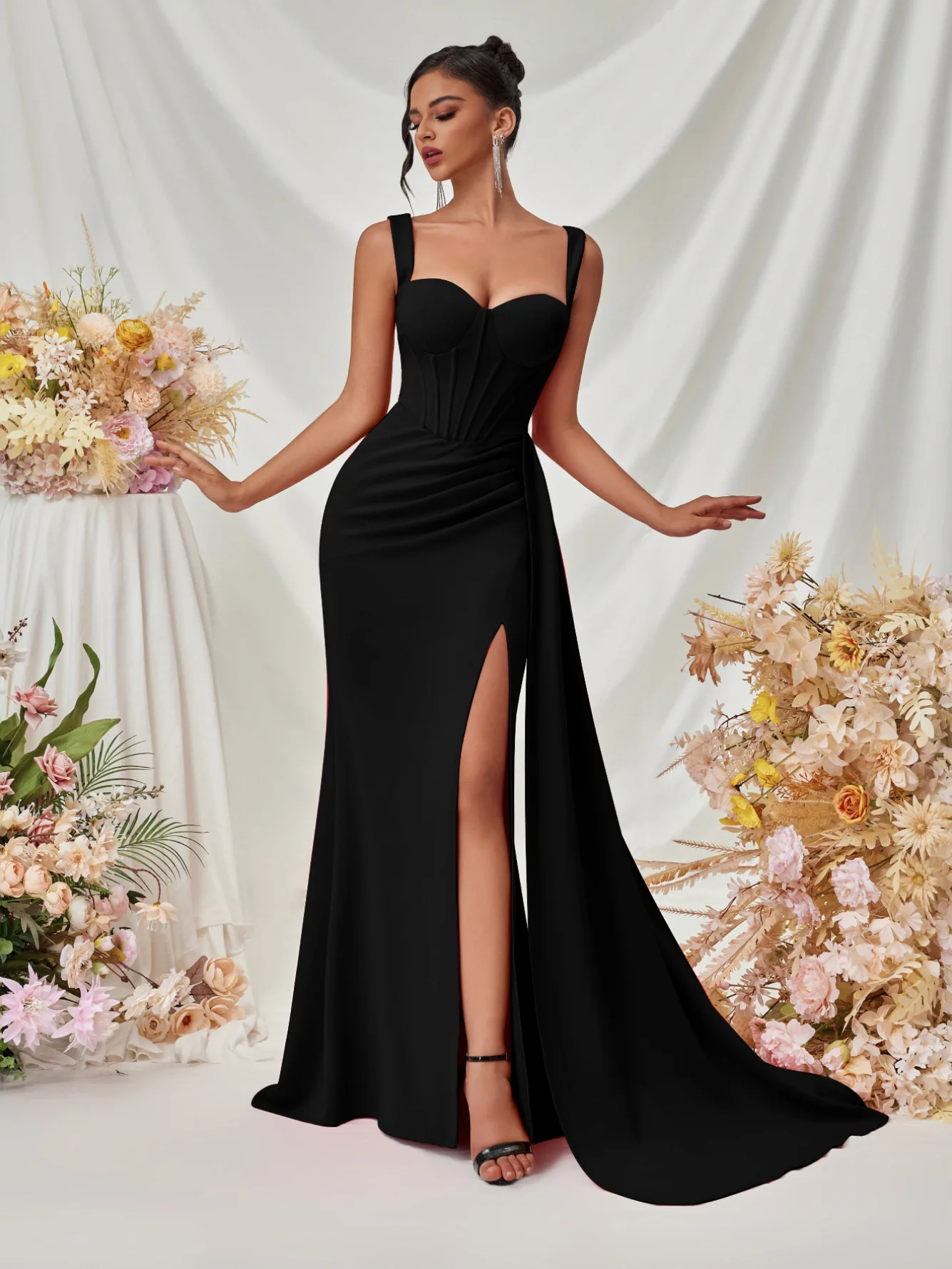 Nowa Elegancka Sukienka Maxi na Wesele dla Kobiet Wieczorowa Sukienka na Bal Formalna Sukienka Koktajlowa na Ramiączkach typu Spaghetti Dekolt w Serek Odzież Galowa Hot