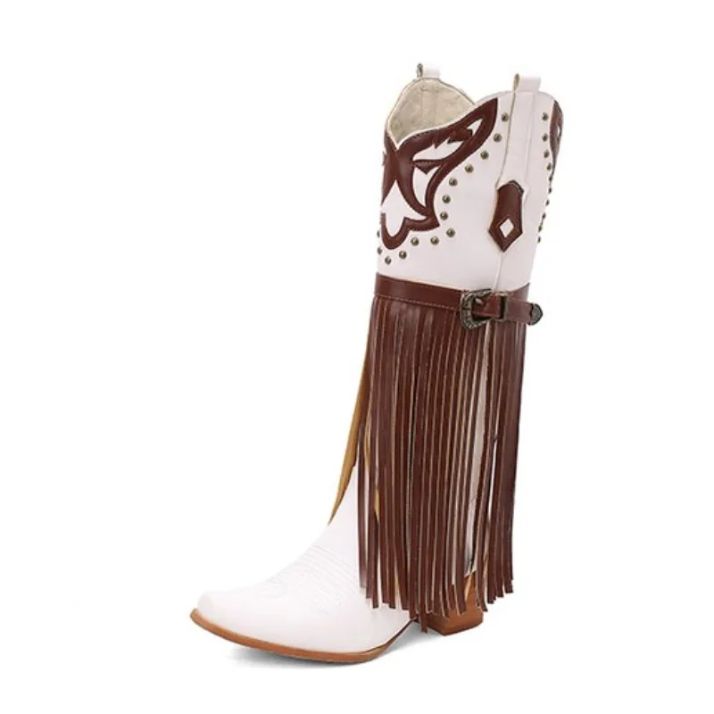 

Женские сапоги до колена с заклепками, пояс с пряжками, четырехсезонная обувь с вышивкой, осень и зима-запад, Европа и Америка