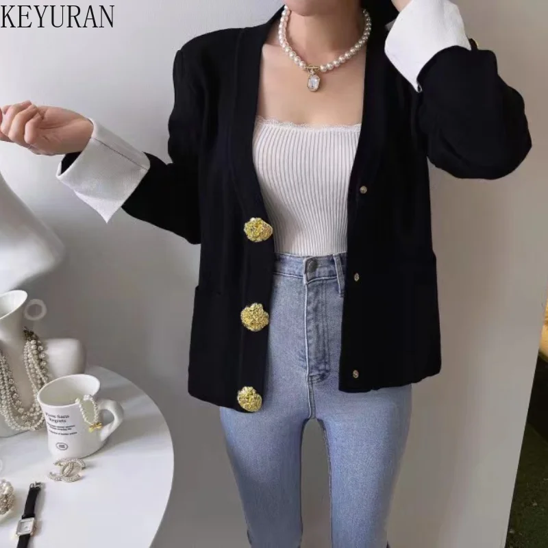 2024 Autumn Winter Korean Chic Knitted Cardigan Women Elegant V-neck Long Sleeve Contrast Color Gold Button Sweater Coat Jumpers