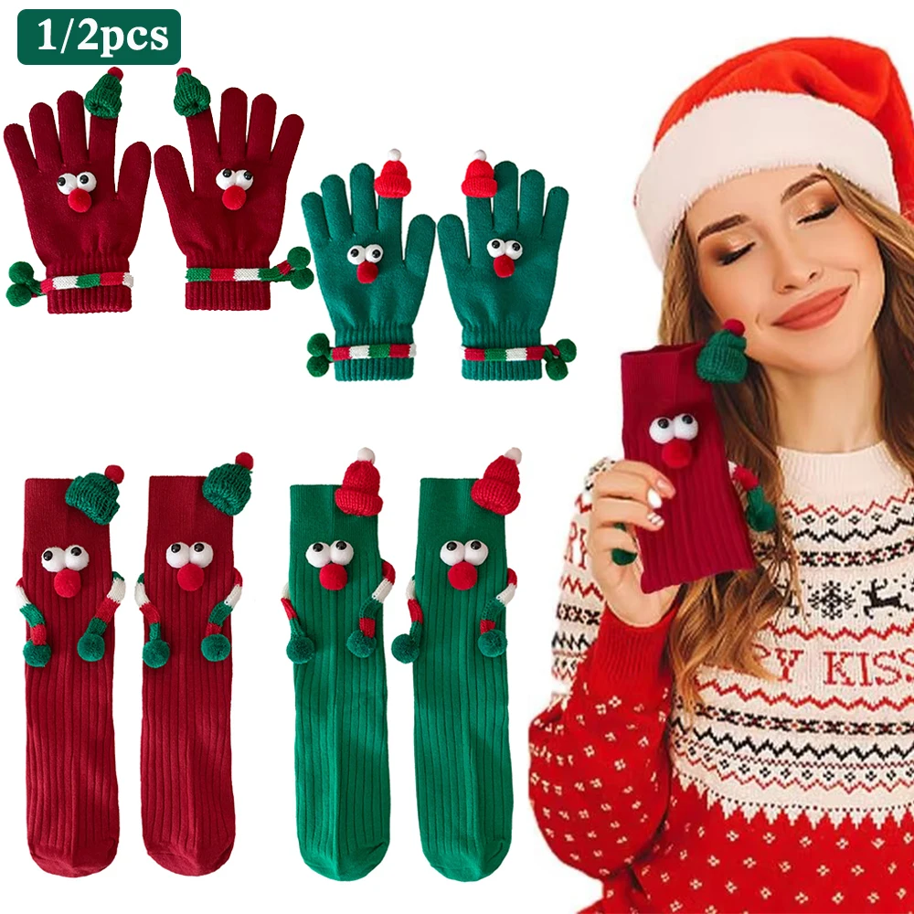 1/2pcs Full Finger Christmas Red Gloves Socks Split Finger Leaky Finger New Year Red Christmas Gift Touch Screen Knitted Mittens