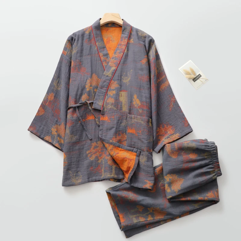 

Japanese Kimono Yukata Men Traditional Retro Print Hanfu Loungewear Set 100% Cotton Comfortable Sweat Steamed Clothing D0102