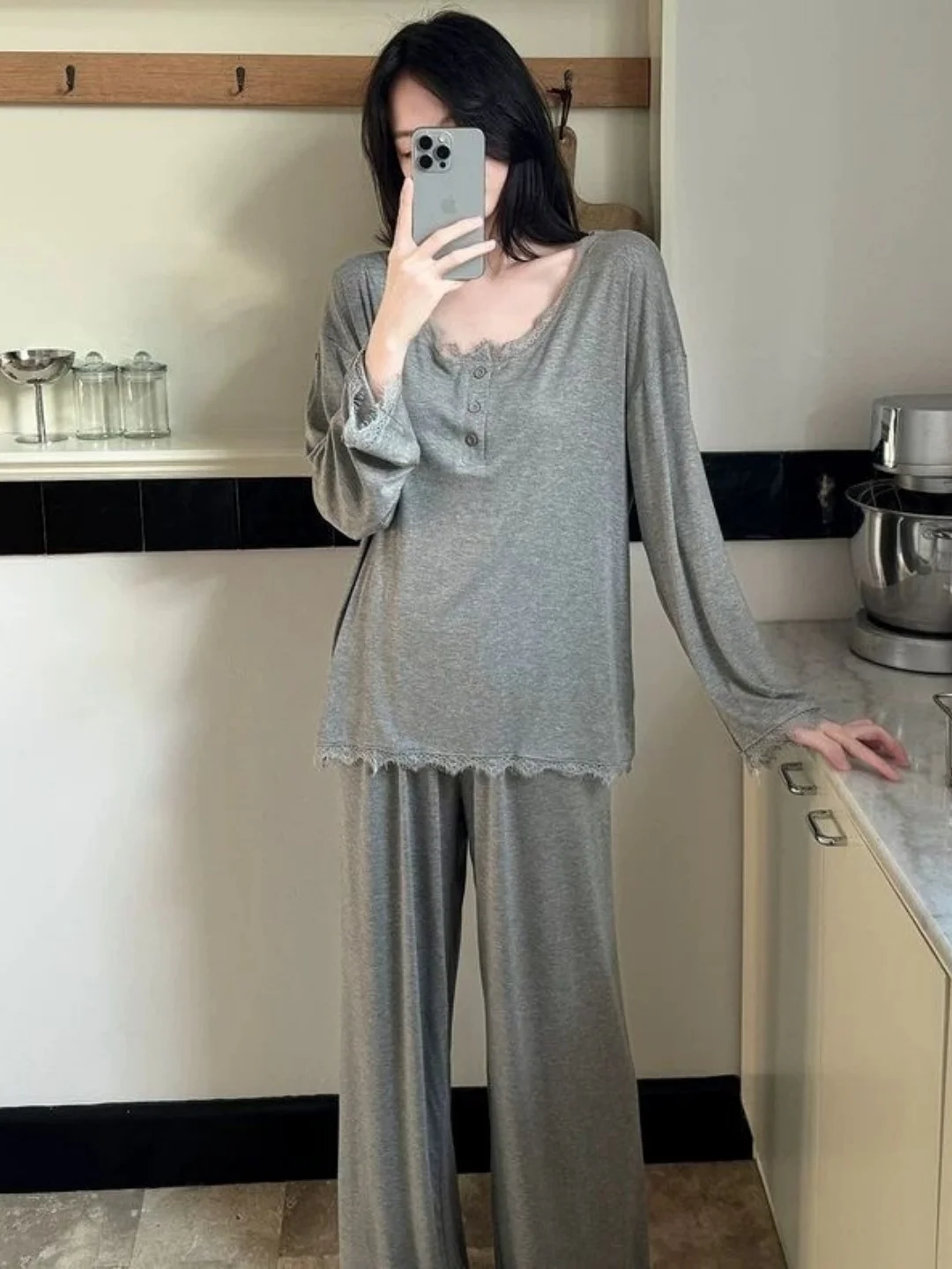 

plus Size Women's Lace Trimmed Long Sleeve Home Clothes Set Casual Loose Fit Outwear V-Neck Straight Leg Pants Comfortable