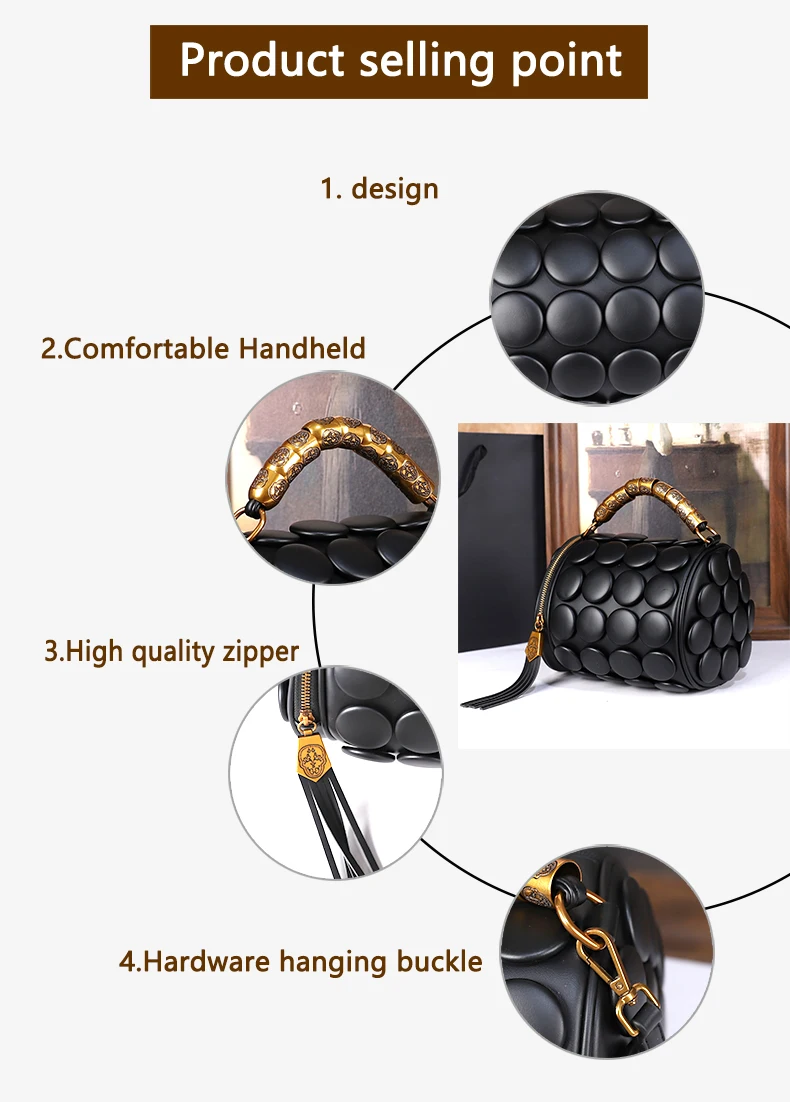 2026 Neues Design Damen Retro-Knopf-Lederhandtaschen Luxuriöse High-End Runde Röhrenförmige Bucket Bag Neue Mode Schulter-Umhängetasche – Detail 2