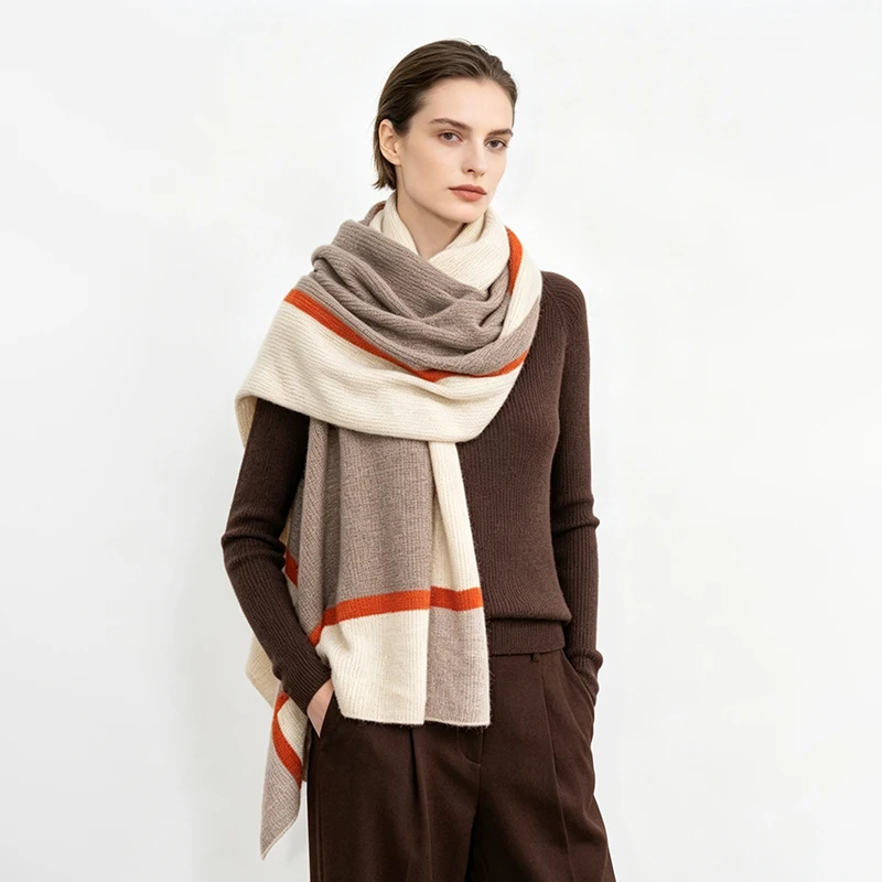 100% Pure Cashmere Scarf Women Color Block Striped Warm Knitted Shawl Large Wrap Scarves Winter Office Daily Luxury Gift