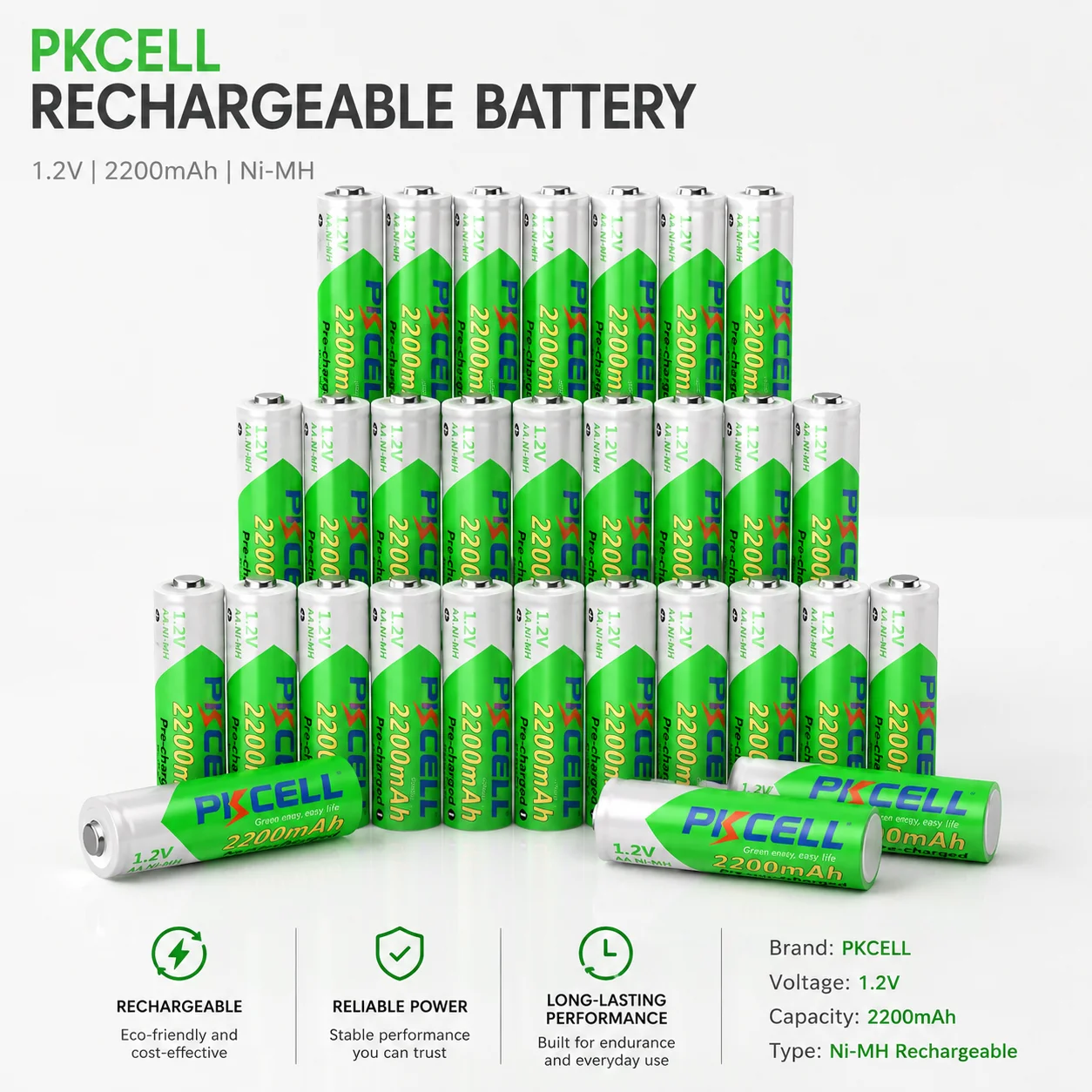 Long Lasting 1.2V AA Ni-MH Rechargeable Batteries 2200mAh Pre-charged LSD 10-100pcs for Cameras Toys Remotes LED Lights Fans