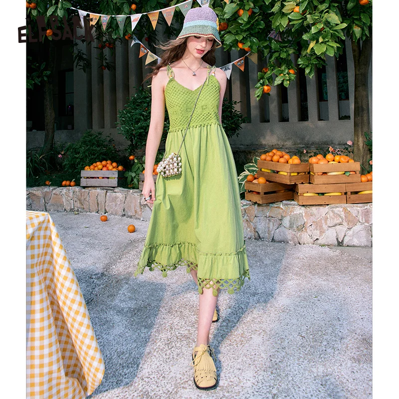 ELFSACK 2024 summer new arrival green hollow off-shoulder waist design holiday dress for women