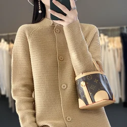 Spring and Autumn New 100% Wool Stand-up Cardigan Women's Loose Fastening Hollow temperament Joker Wool Knitted Coat