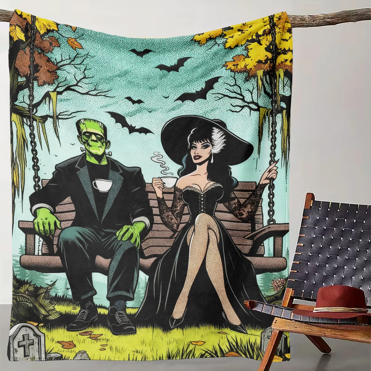 

1 Retro Halloween Frankenstein and Witch Blanket Fun Holiday Home Decoration Blanket
