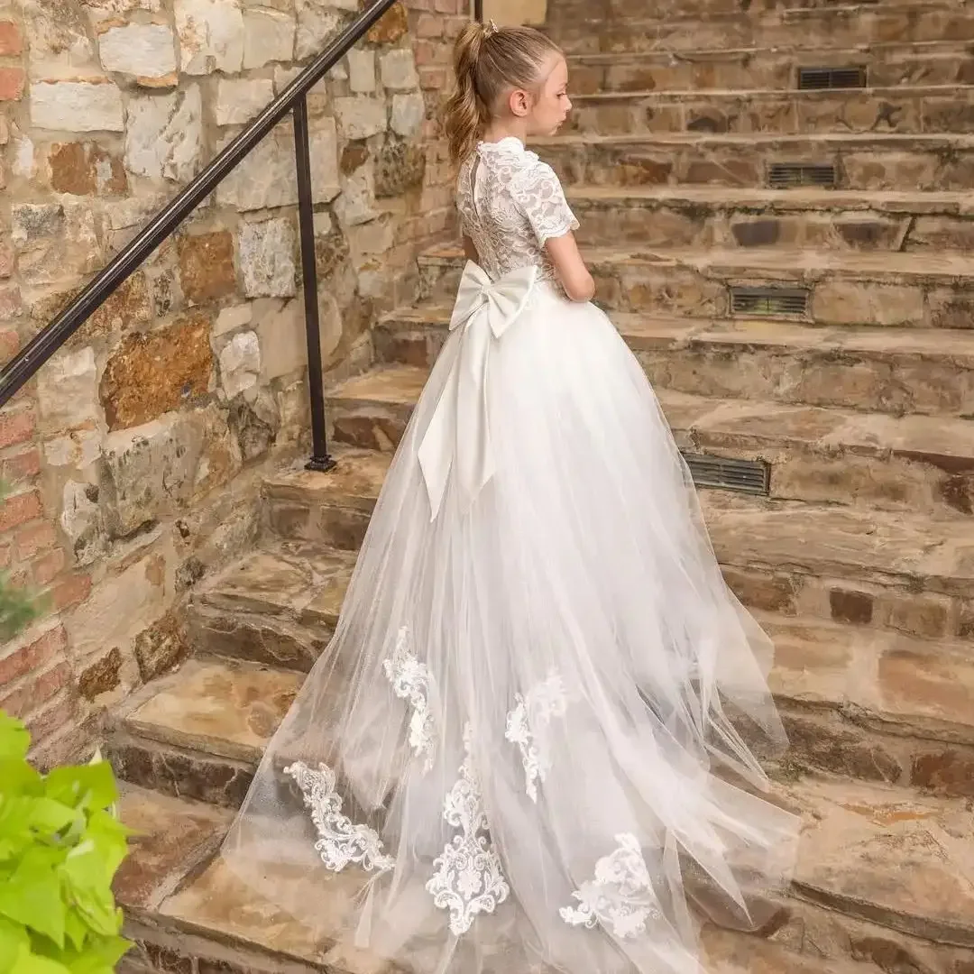 

White Flower Girl Dresses for Wedding Lace Appliques With Bow Floor Length Girl Birthday First Communion Dress Customized