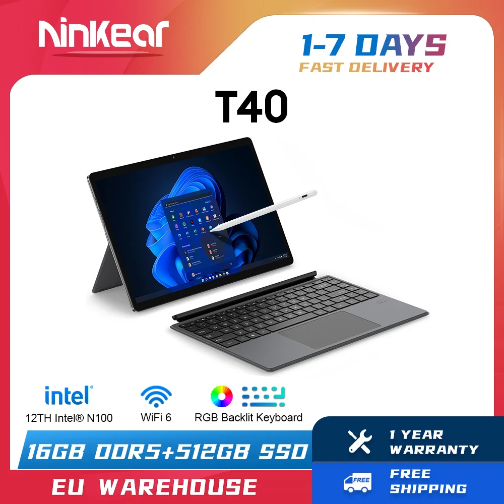 Ninkear T40 Laptop TouchScreen 2 in 1 Tablet Intel N100 14 Inch FHD 16GB DDR5+512GB SSD Wifi 6 RGB Backlit Keyboard With Stylus