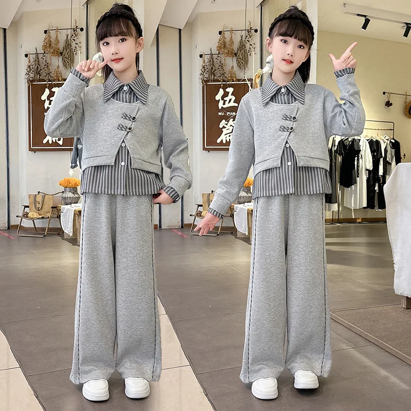 2026 Teenager Grey Suit Autumn Winter Clothes Striped Sweatshirt T Shirt + Wide Leg Pants Casual 4 5 7 8 10 12 14 Years Child