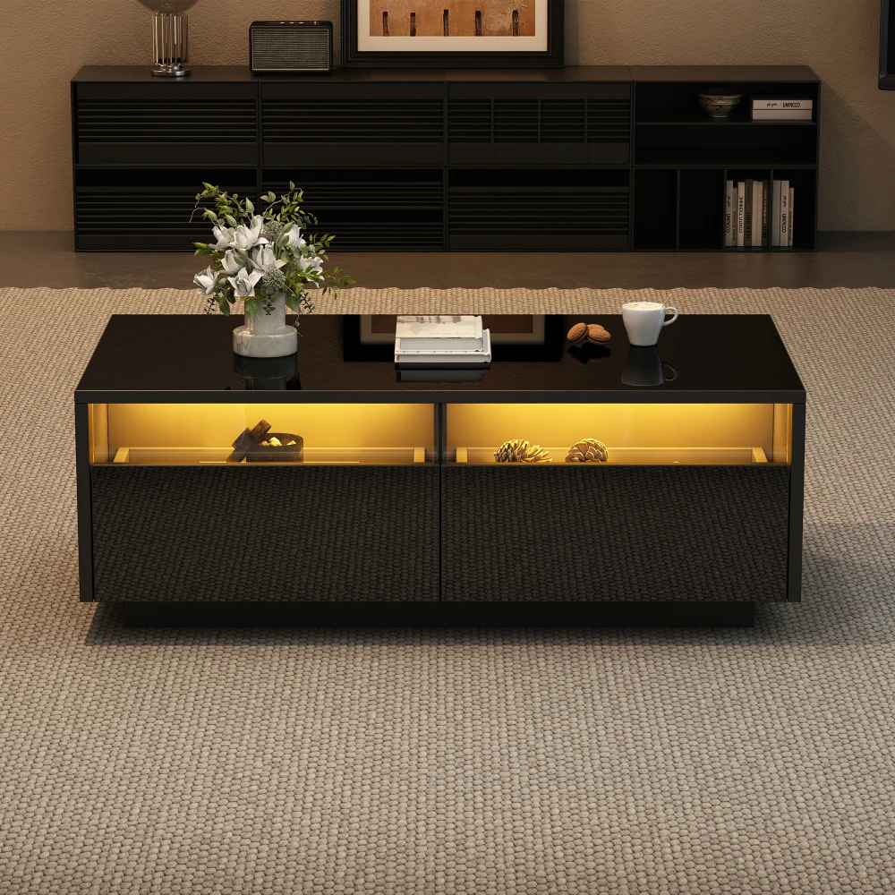 ​ ​ 94 cm LED Couchtisch avec 2 Schubladen - Hochglanz Schwarz mit Glasplatte & Vitrinentür, 30 kg Tragkraftwia Wohnzimmer ​ ​