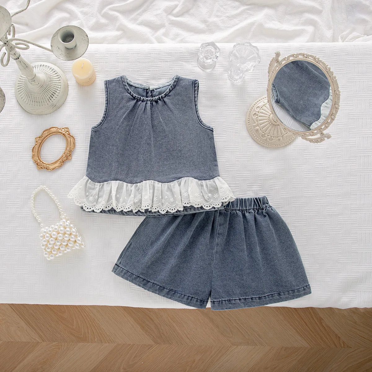 Girls' Cowboy Set 2026 New Summer Style Lace Lace Sleeveless Tank Top Wide Leg Pants Korean Two Piece Set
