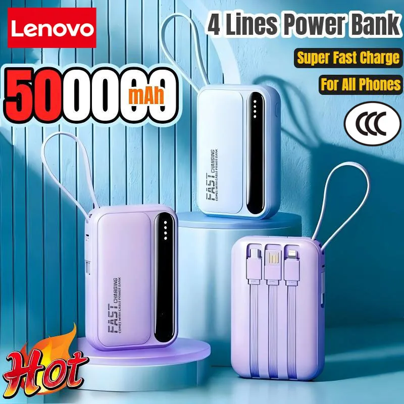 Lenovo 120W 500000mAh Power Bank Large Capacity 4 In1 Cables Intelligent Digital Display Light Portable Powerbank For iPhone New