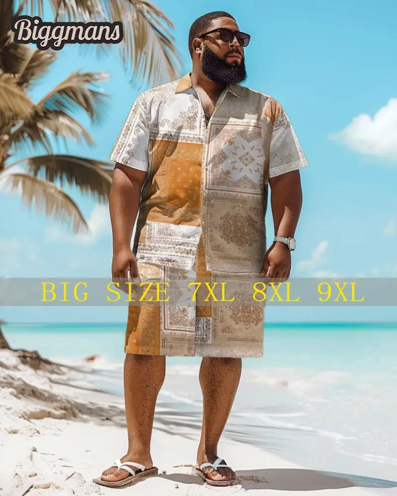 

Biggmans Shirt Plus Size Set L-9Xl for Summer Beach Clothing Oversize Hawaii Suit Hawaiian Colorful Block Print Shorts 7XL 8XL