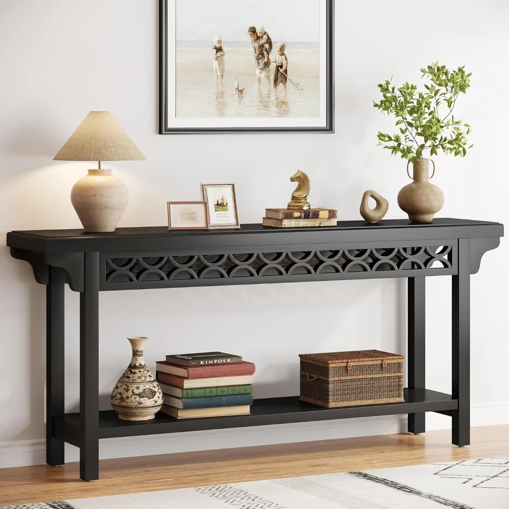 70.8-Inch Solid Wood Long Console Table, Farmhouse Entryway Table with Storage, Narrow Sofa Table Grey Couch Table for Living R