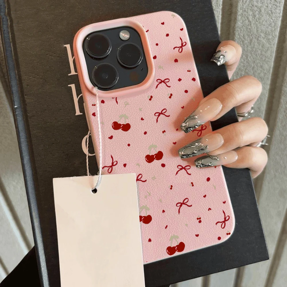 Leather Lychee Cute Cherry Phone Case For iPhone 16 Pro Max 15 14 13 12 11 Case Cover For iPhone11 13Pro Max 16Plus Flowers Case