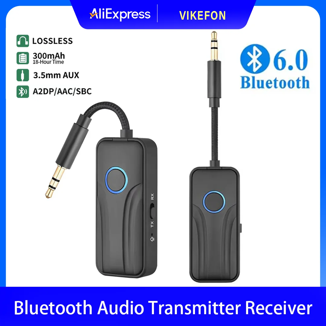 VIKEFON Bluetooth 6.0 Audio Transmitter Receiver Wireless Adapter 3.5MM AUX Jack With Mic HiFi Stereo Music For Car TV PC