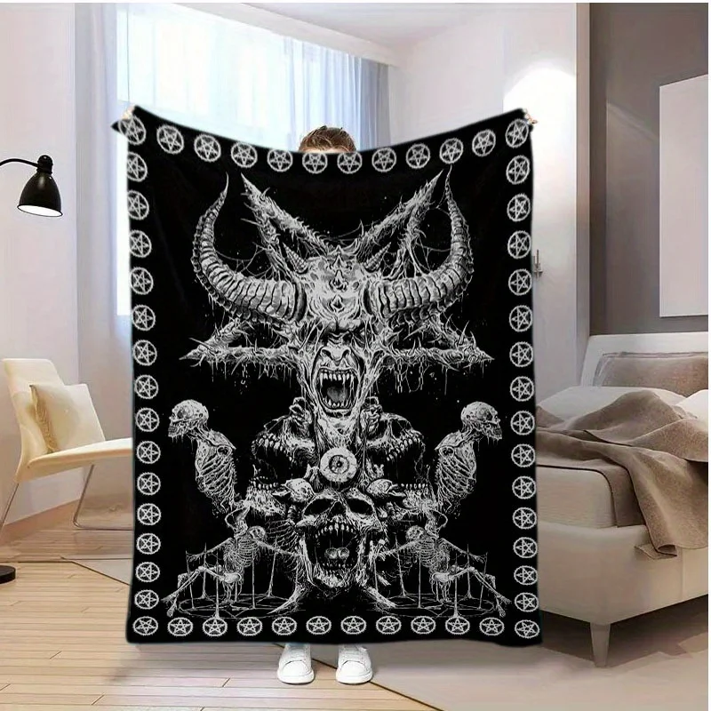 Macabre Gothic Demon Skull Pentagram Dark Art Pattern Flannel Blanket Warm Throw For Lounge Bedroom Holiday Warm Gift