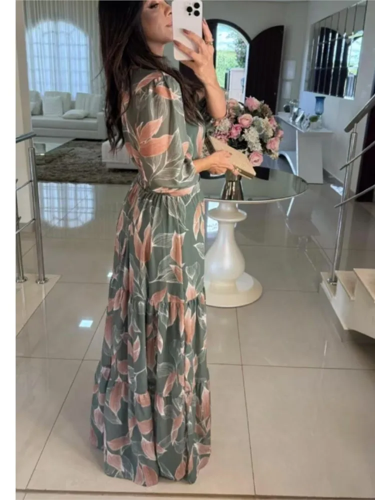 Fashion Printed Dress For Woman Spring Autumn Casual V-neck Half-sleeve Loose High Waist Robe Ladies Elegance Party Vestidos