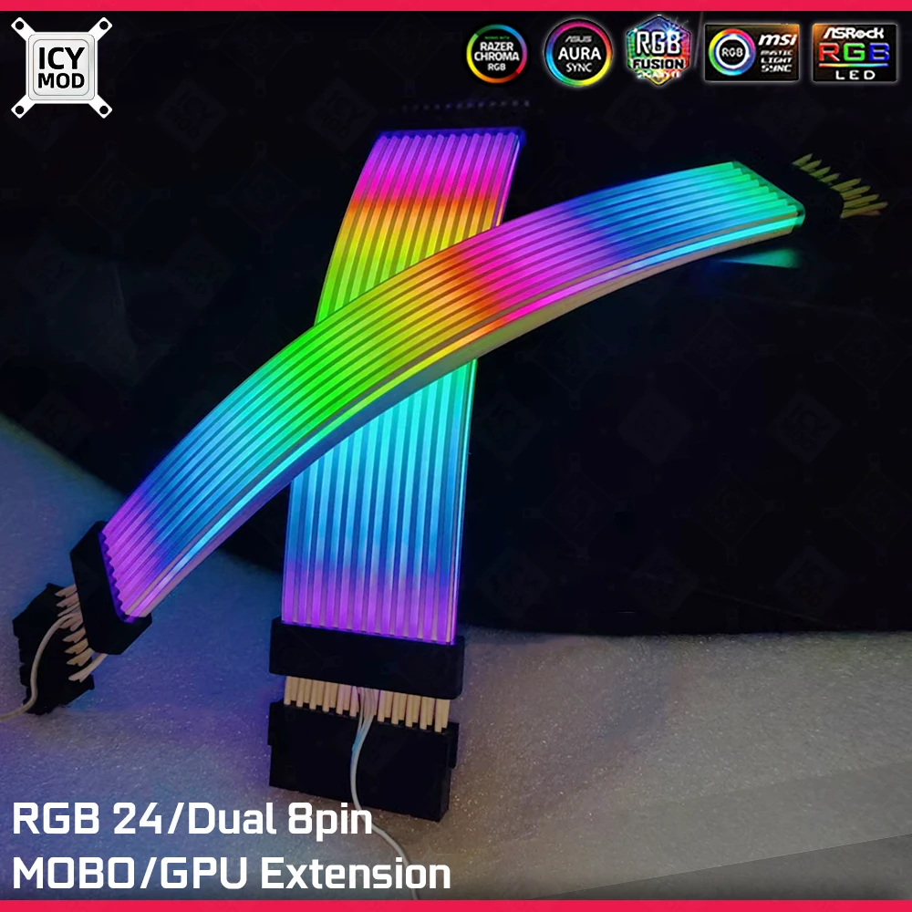 RGB GPU Extensions Cable 8PIN Lighting MOBO 24PIN Extension Cord Wire ARGB Streamer Rainbow Neon VGA Extender PC MOD AURA