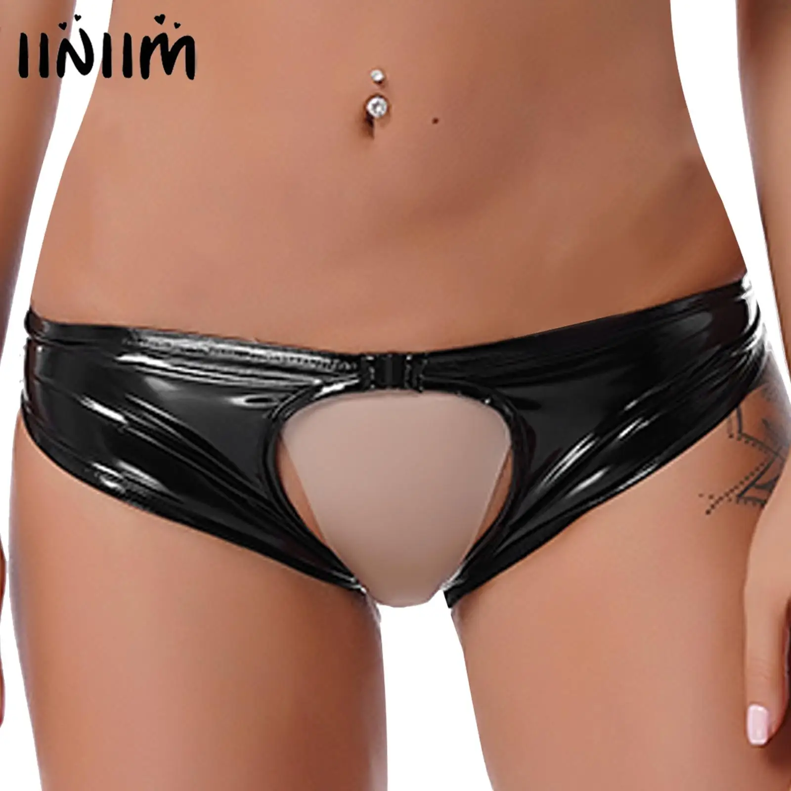 

Sexy Womens Glossy Wet Look Patent Leather Underwear Crotchless Thongs Low Waist Open Butt Briefs Cutout Porn Panties Costumes