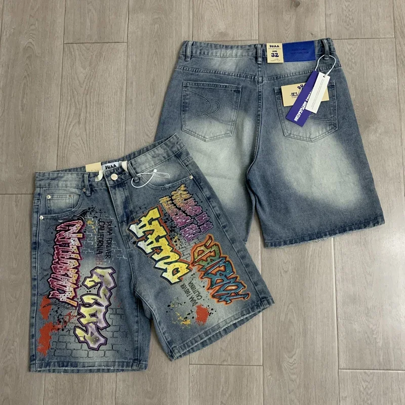 New Street Trend Casual Duaa Denim Shorts High-quality Direct Spray Print Retro Pants