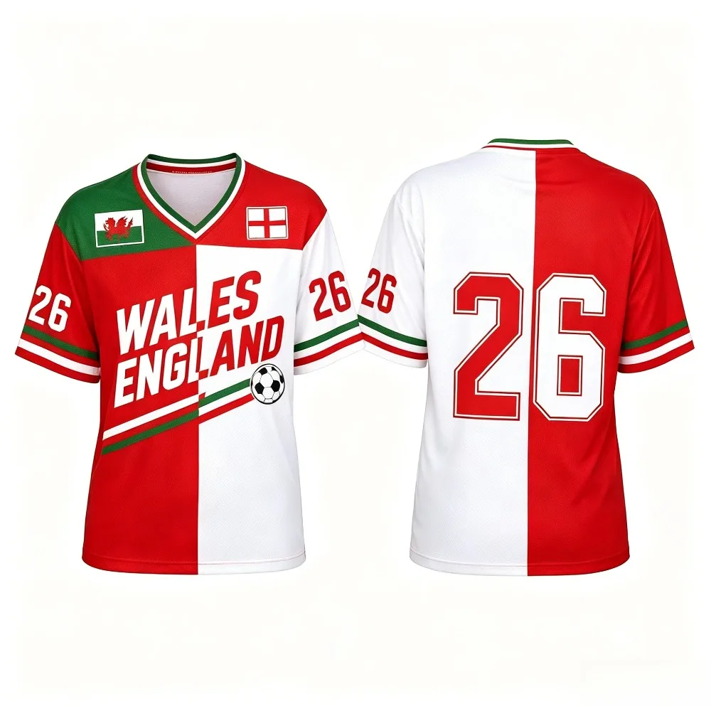 Men’s Women’s Half Wales Half England Split Football Jersey Summer Short Sleeve Sports T-shirt