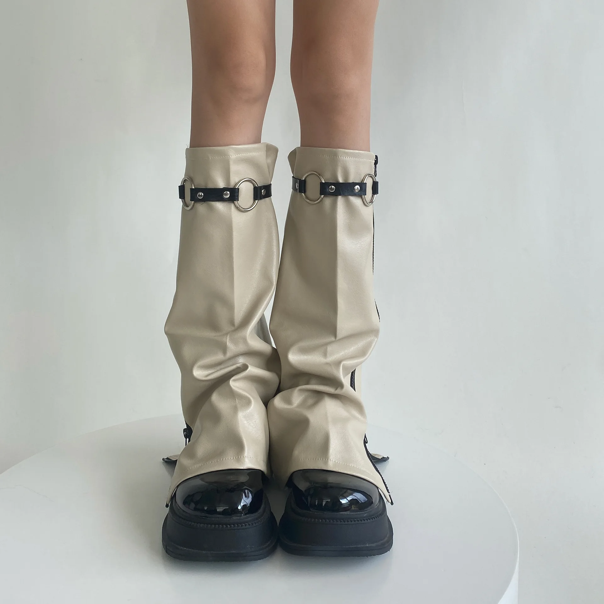 

PU Leather Foot Cover Cool Girls Harajuku Y2K Leg Warmers Motorcycle Wind Leg Cover Millennium Spicy Girl Subculture Dark Color