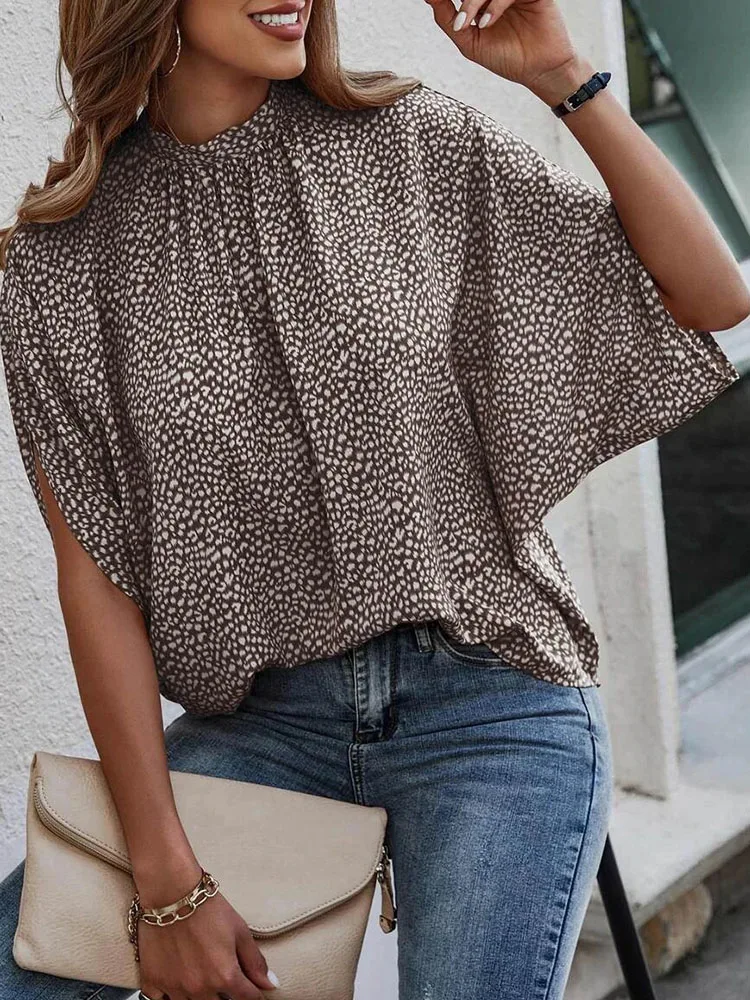 2023 Spring Casual Loose Women\'s Blouse Fashion Batwing Sleeve Print O-neck Shirts Top Summer Office Lady Blouses Elegant Tops