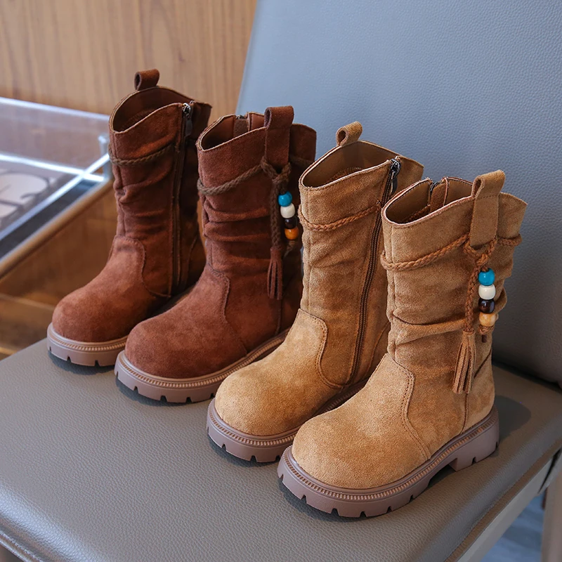 Little Girls Western‑Style Mid‑Calf Boots, Faux Suede Ruched Shaft Bead Tassel Inner Zipper Thick‑Sole Casual Boots