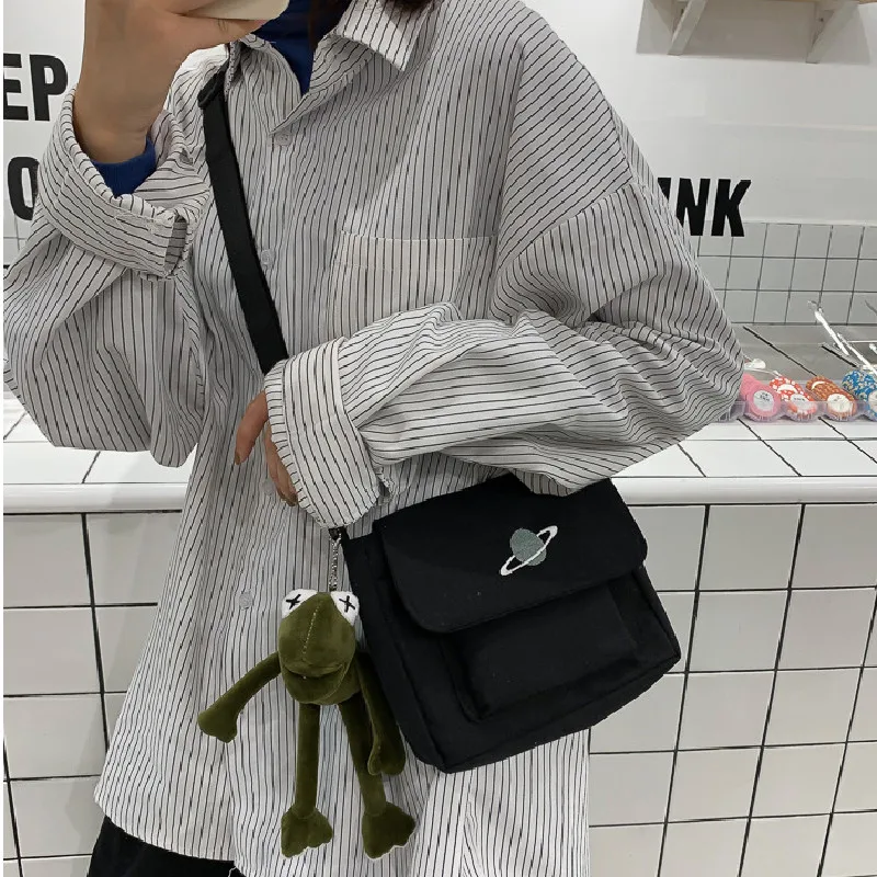 Canvas Crossbody Bag , with Plush Frog Charm, Adjustable Shoulder Strap Casual Small Messenger Bag for Students Daily Minimalist