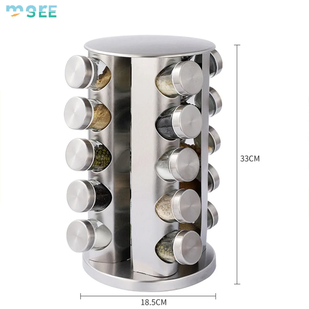 SeeMore Polished Stainless Steel Seasoning Tower Organizer Revolving Kitchen Spices Condiments Cover Selection Spice Refills